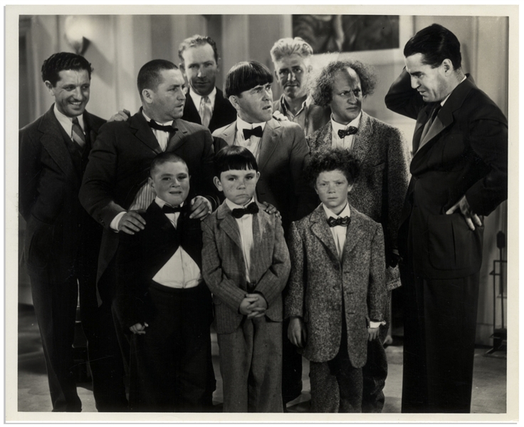 Moe Howard Personally Owned 10'' x 8'' Glossy Publicity Photo of Deleted Scene From ''Three Little Pigskins'' Showing The Stooges With Their On-Screen Sons & the Boys' Real Fathers -- Very Good Plus